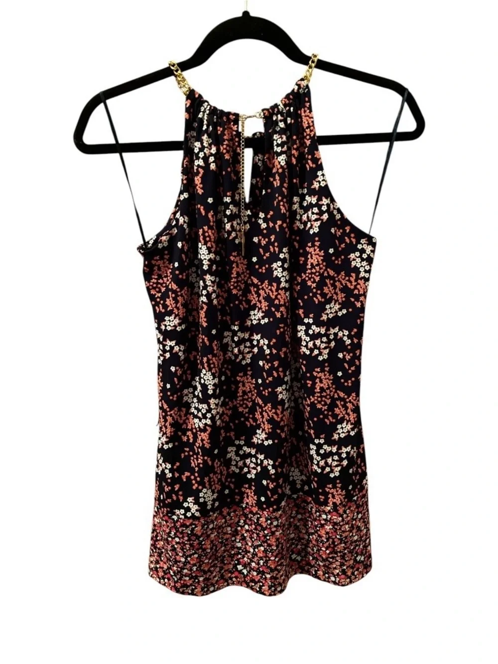 NWT MICHAEL KORS BLUE FLORAL BLOUSE WITH GOLD CHAIN SIZE S